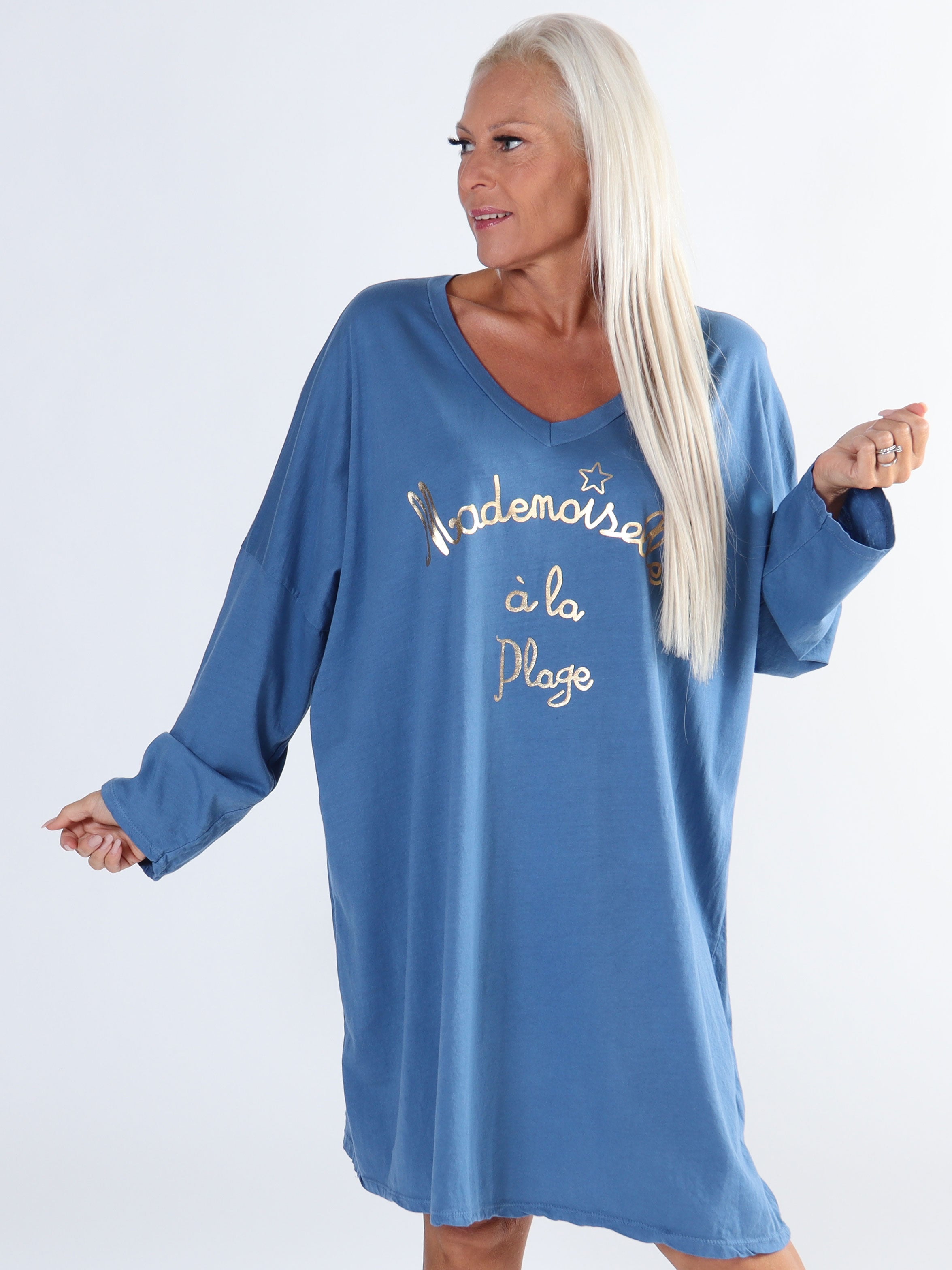 Bree Long Sleeve - Plus size kjole i bomuld med guld tekst foran